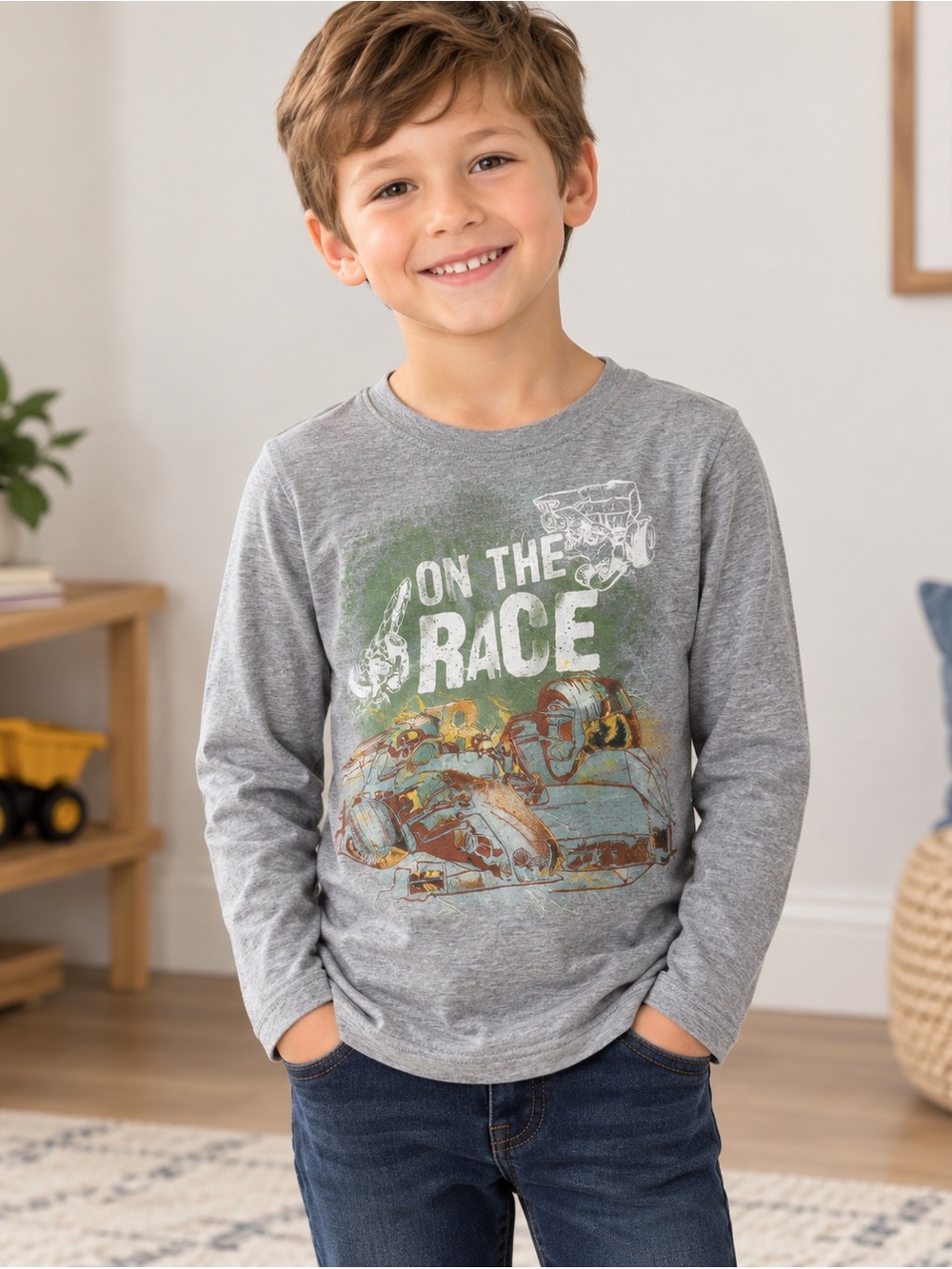 Carter’s Kids Graphic Long Sleeve Shirt Construction Vehicles Gray Size 10/10A